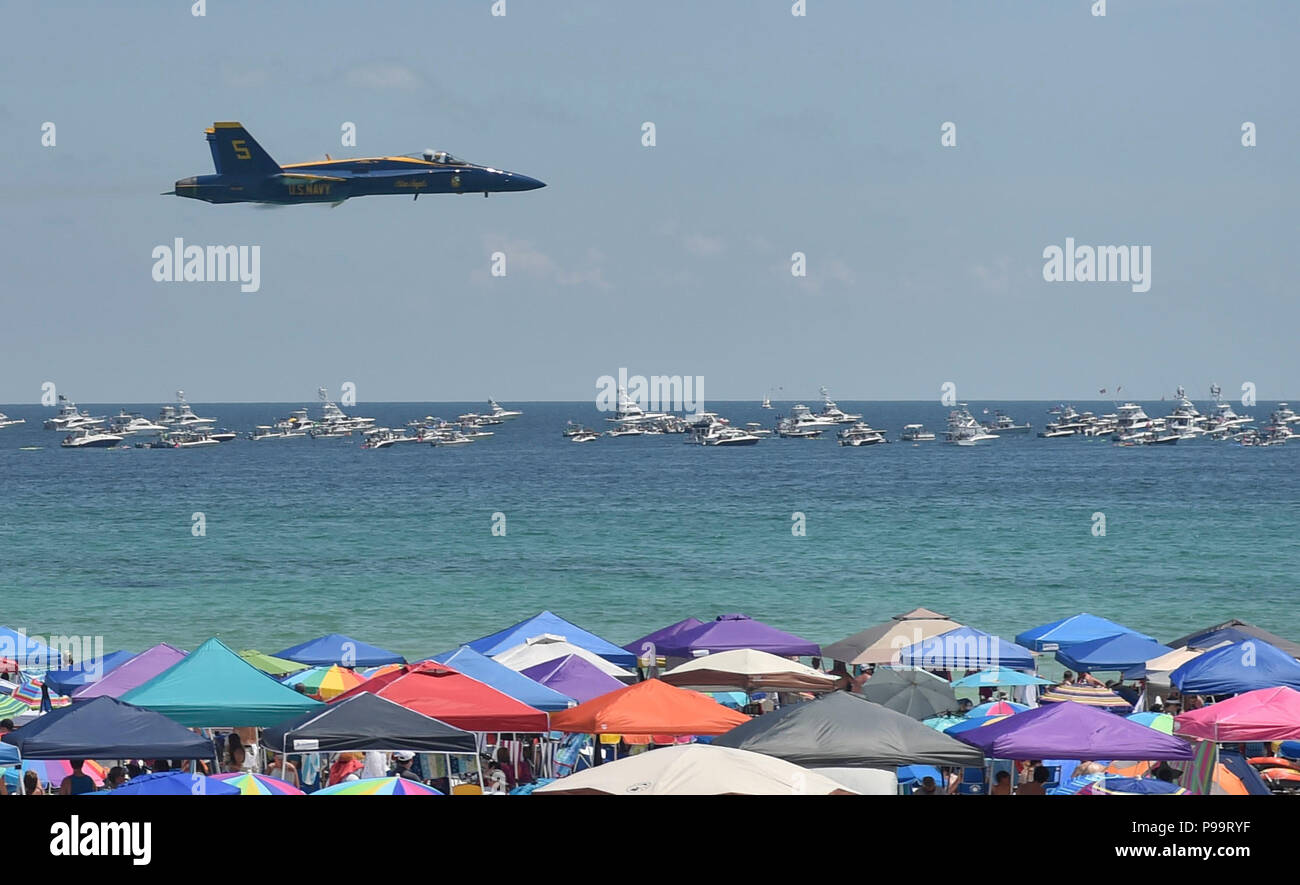 180714-N-ZC358-1211  PENSACOLA BEACH, Fla. (July 14, 2018)   The U.S. Navy Flight Demonstration Squadron, the Blue Angels, Lead Solo pilot, Lt. Tyler Davies, performs the Sneak Pass at the 2018 Pensacola Beach Air Show. The Blue Angels are scheduled to perform more than 60 demonstrations at more than 30 locations across the U.S. and Canada in 2018. (U.S. Navy photo by Mass Communication Specialist 2nd Class Jess Gray/Released) Stock Photo