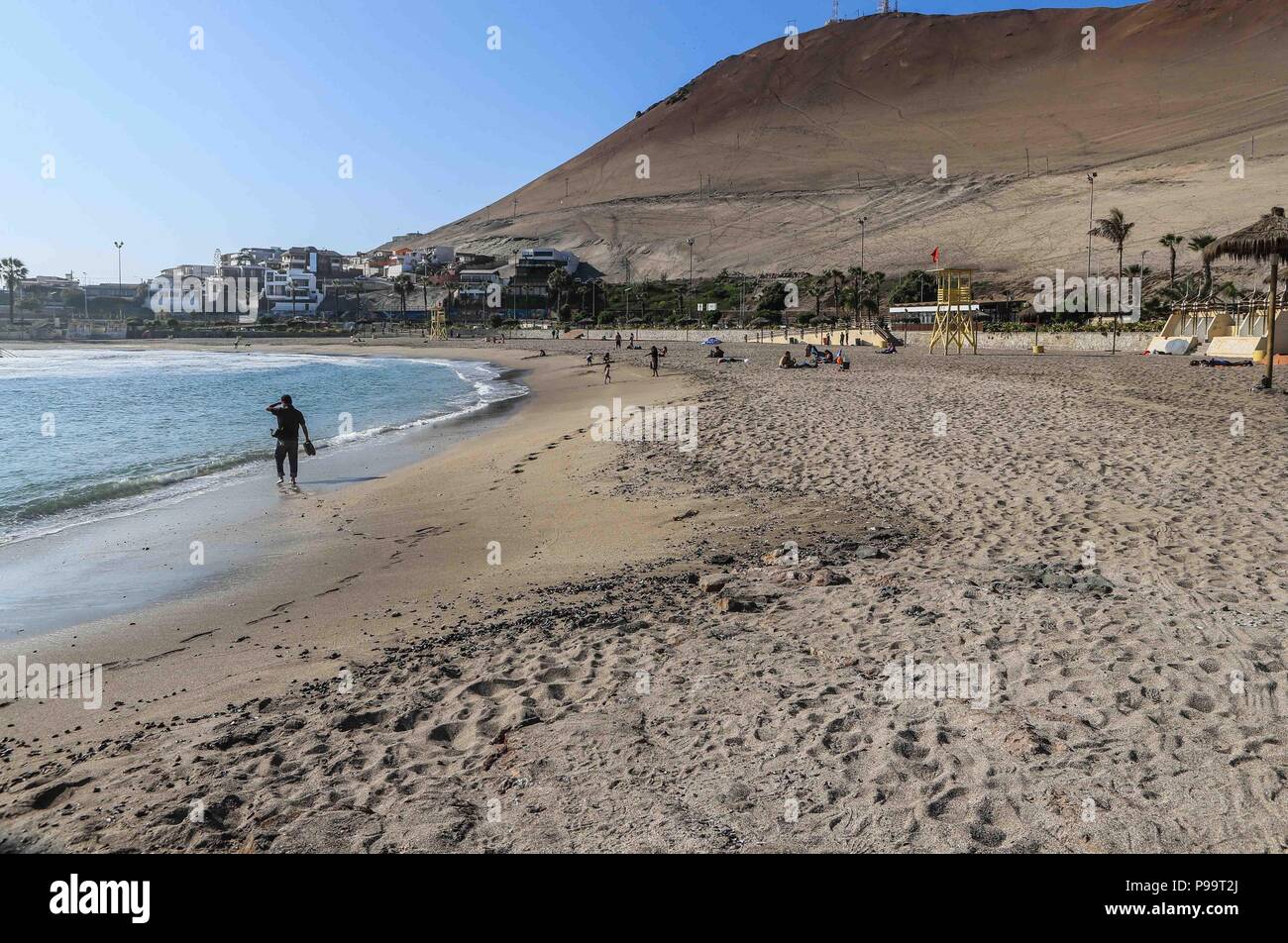 Beach of Arica Chile. Morro de Arica, Chile. Arica is a port city in northern Chile known for its ideal beaches for surfing. Stock Photo