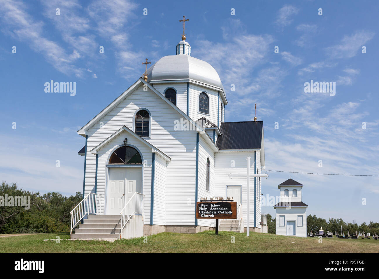 100 year old Ukrainian Catholic Parish, 1918 church in New Kiew, Alberta, near Two Hills, Alberta and Vegreville, Alberta in the country of Canada Stock Photo