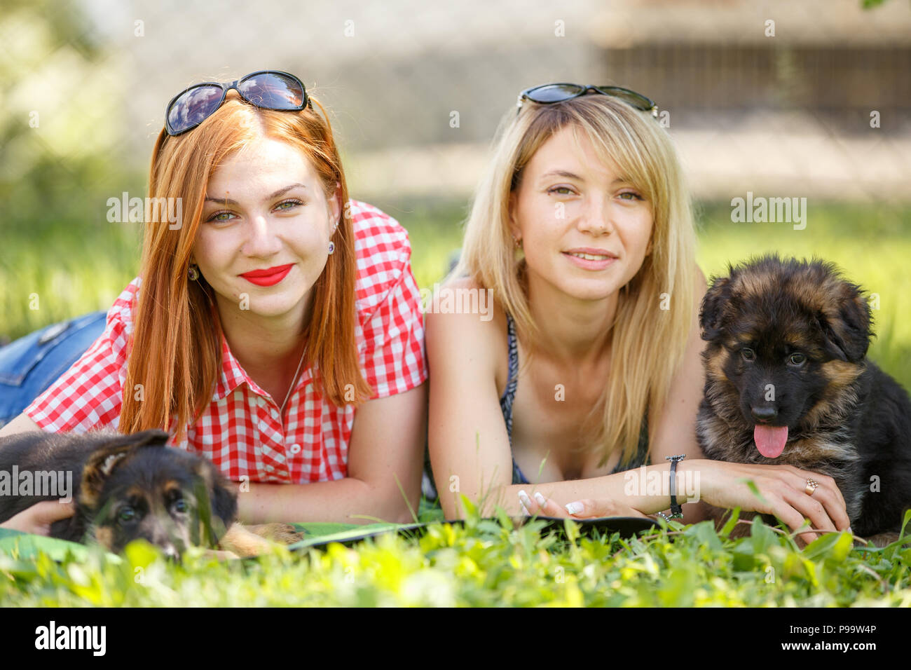 Two young women with puppies of german shepherd Stock Photo