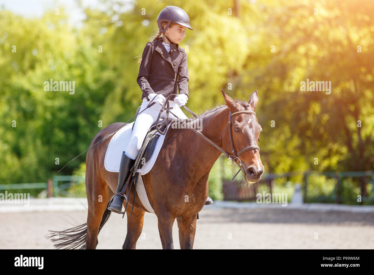 Teenage girl riding horse performing dressage test Stock Photo Alamy