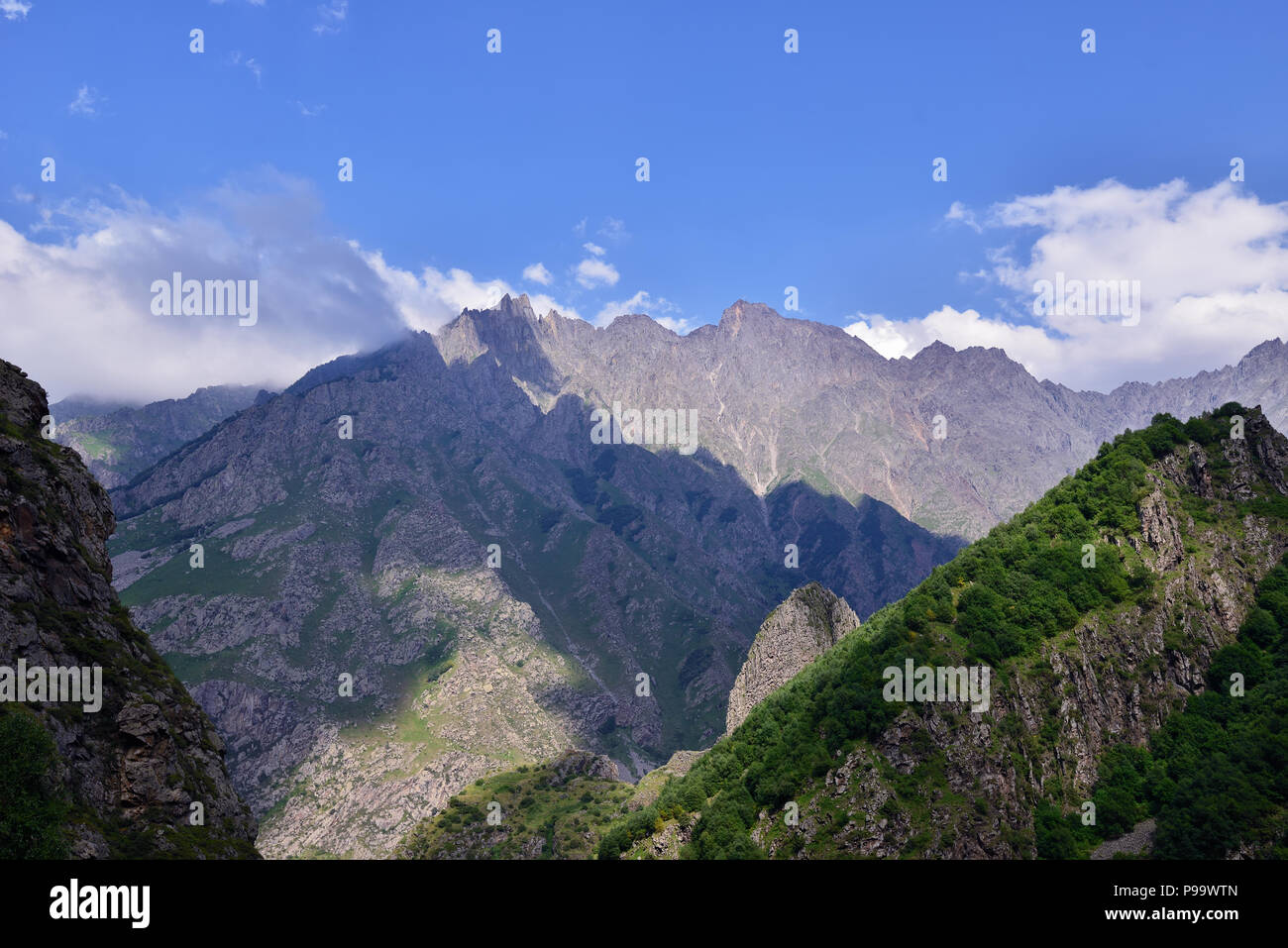 Beautiful Dariali Gorge near the Kazbegi city in the mountains of the Caucasus, Geprgia Stock Photo