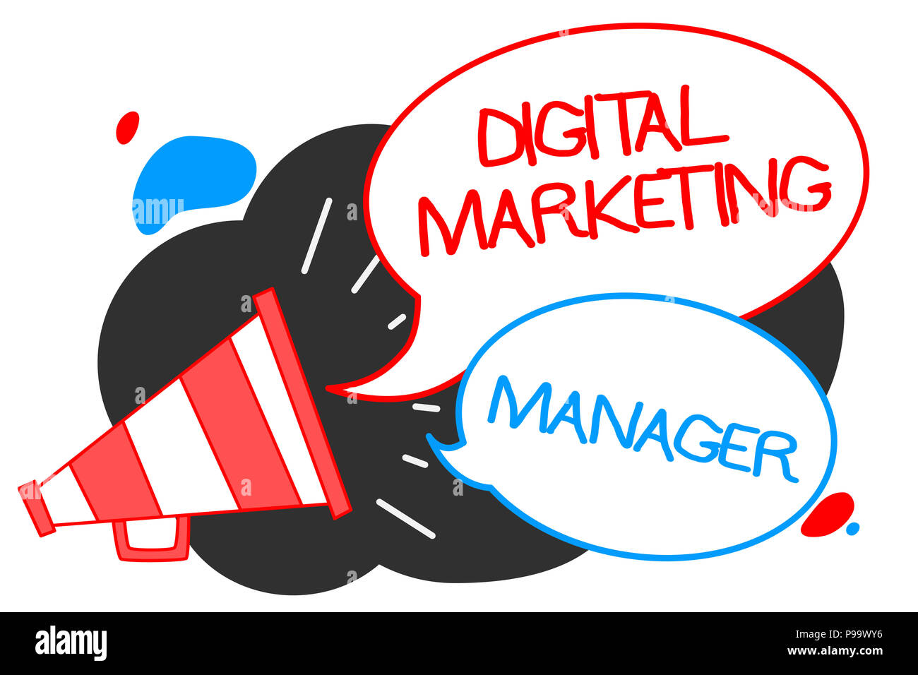 Text sign showing Digital Marketing Manager. Conceptual photo optimized for posting in online boards or careers Megaphone loudspeaker speech bubbles i Stock Photo