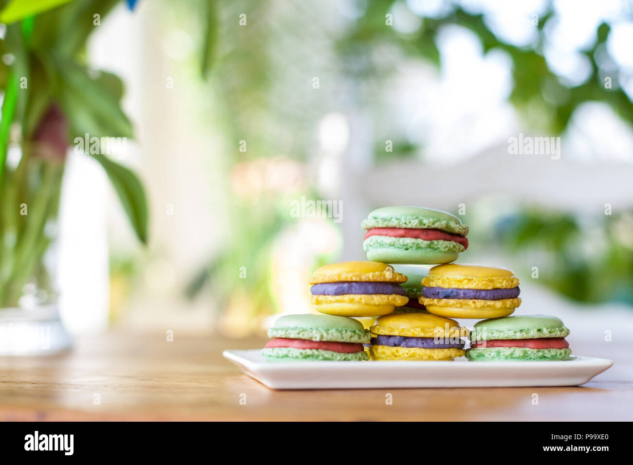 Macarons on a plate on a wooden table with blurry flowers and plants in the background Stock Photo
