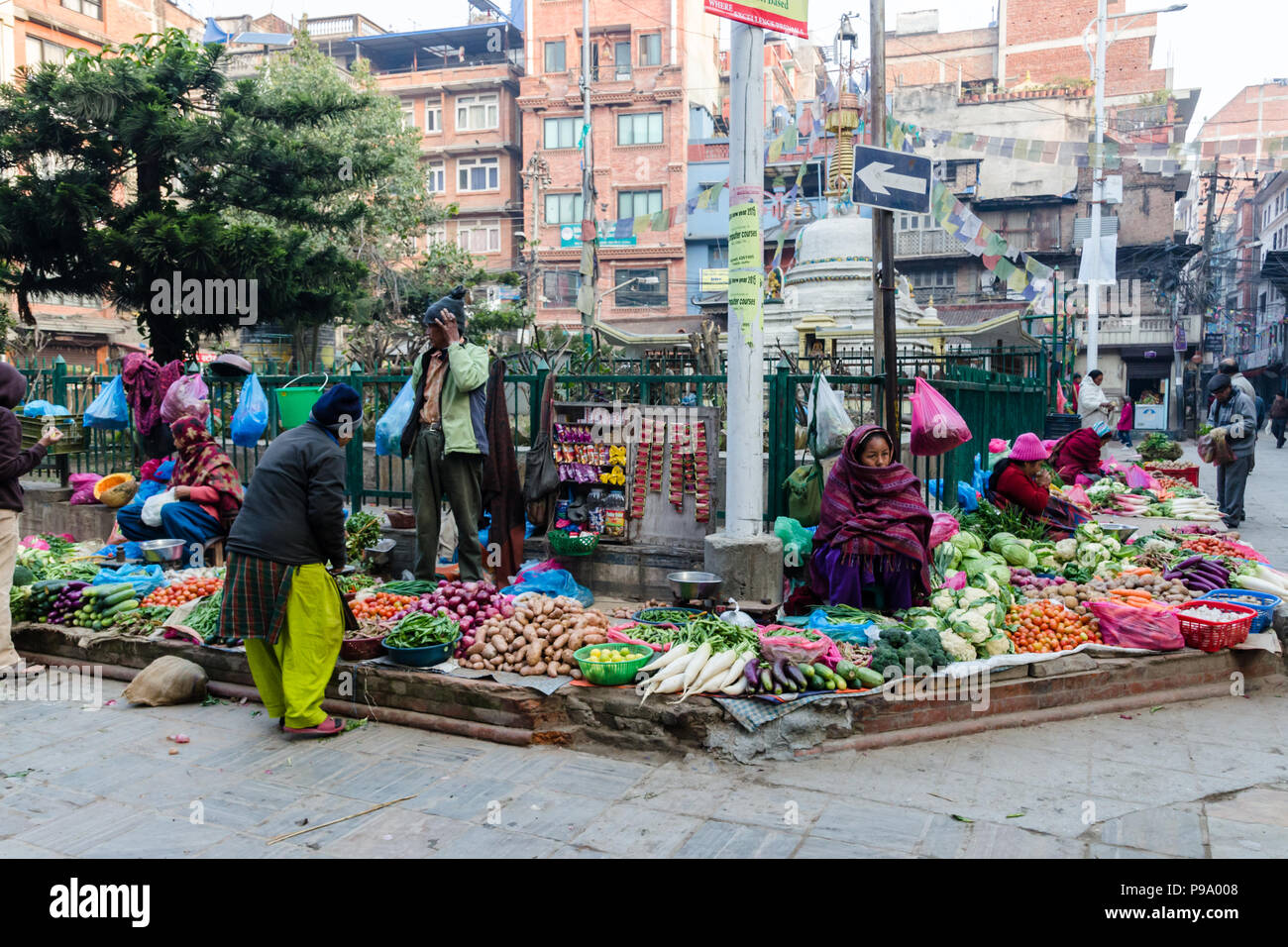 Local vegetable market in Thahity Chowk, Kathmandu, Nepal Stock Photo