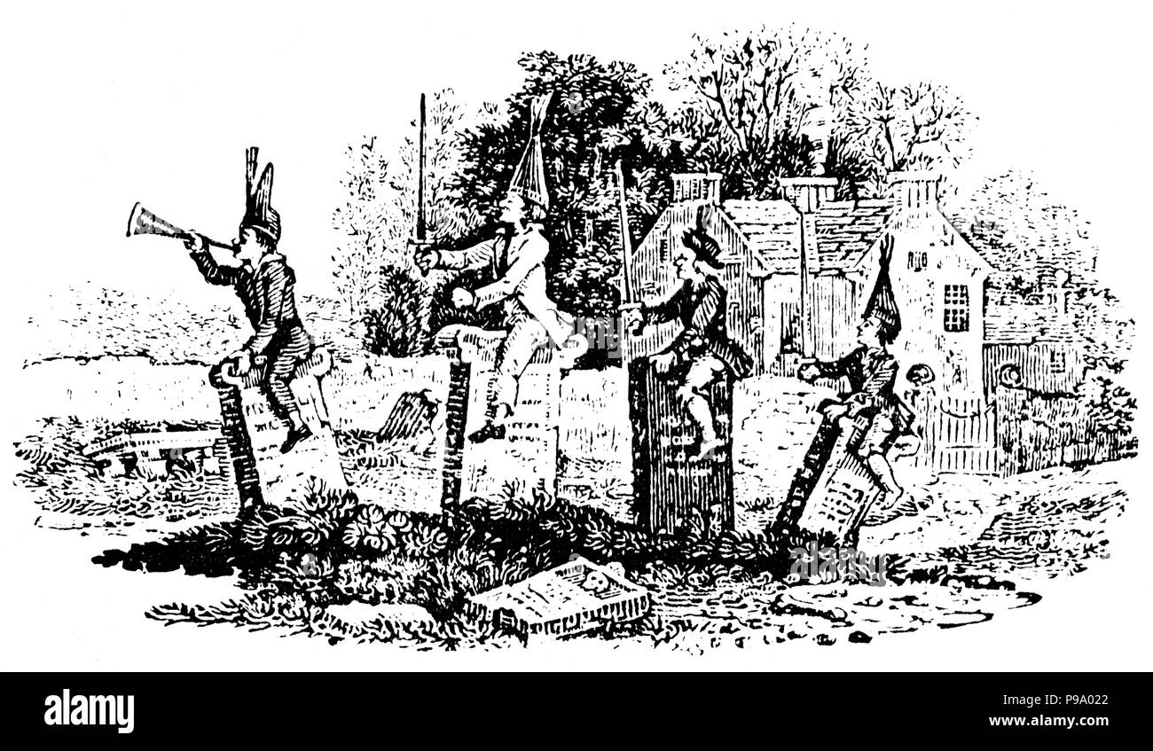 Children playing in the cemetery. Vignette from the Book 'History of British Birds' by Thomas Bewick. Museum: State A. Pushkin Museum of Fine Arts, Moscow. Stock Photo