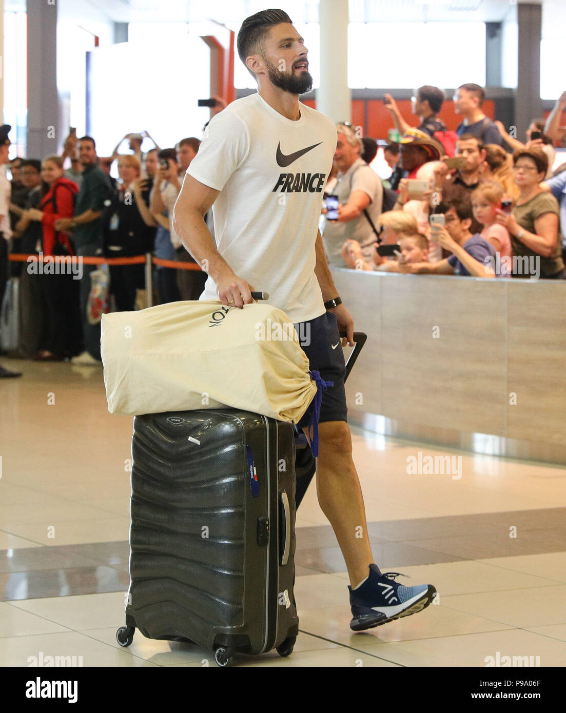Olivier Giroud of the French national football team arrives at the Sheremetyevo Airport, Moscow for their flight back to France. Stock Photo
