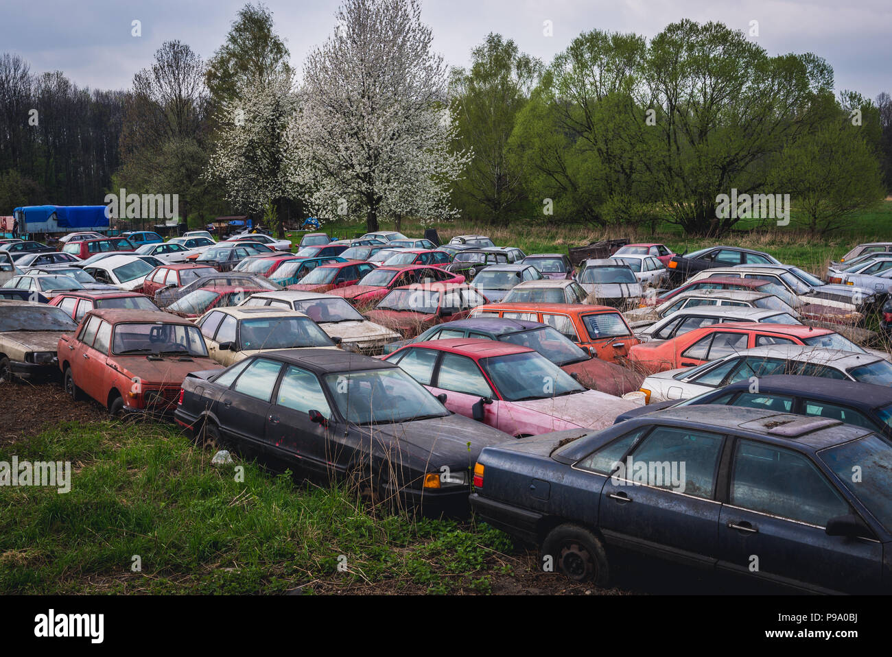 Car wrecking yard in Dobra village near Frydek-Mistek city in the Moravian-Silesian Region of Czech Republic Stock Photo