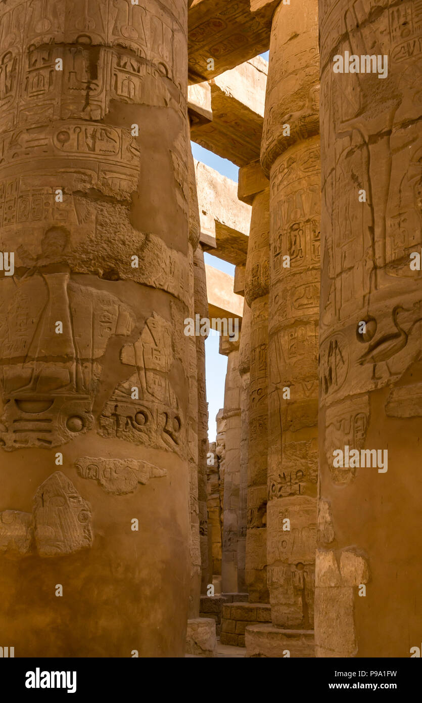 Egyptian cartouche hieroglyph on stone columns, great hypostyle hall, precinct of Amun Ra, Karnak Temple. Luxor, Egypt, Africa Stock Photo