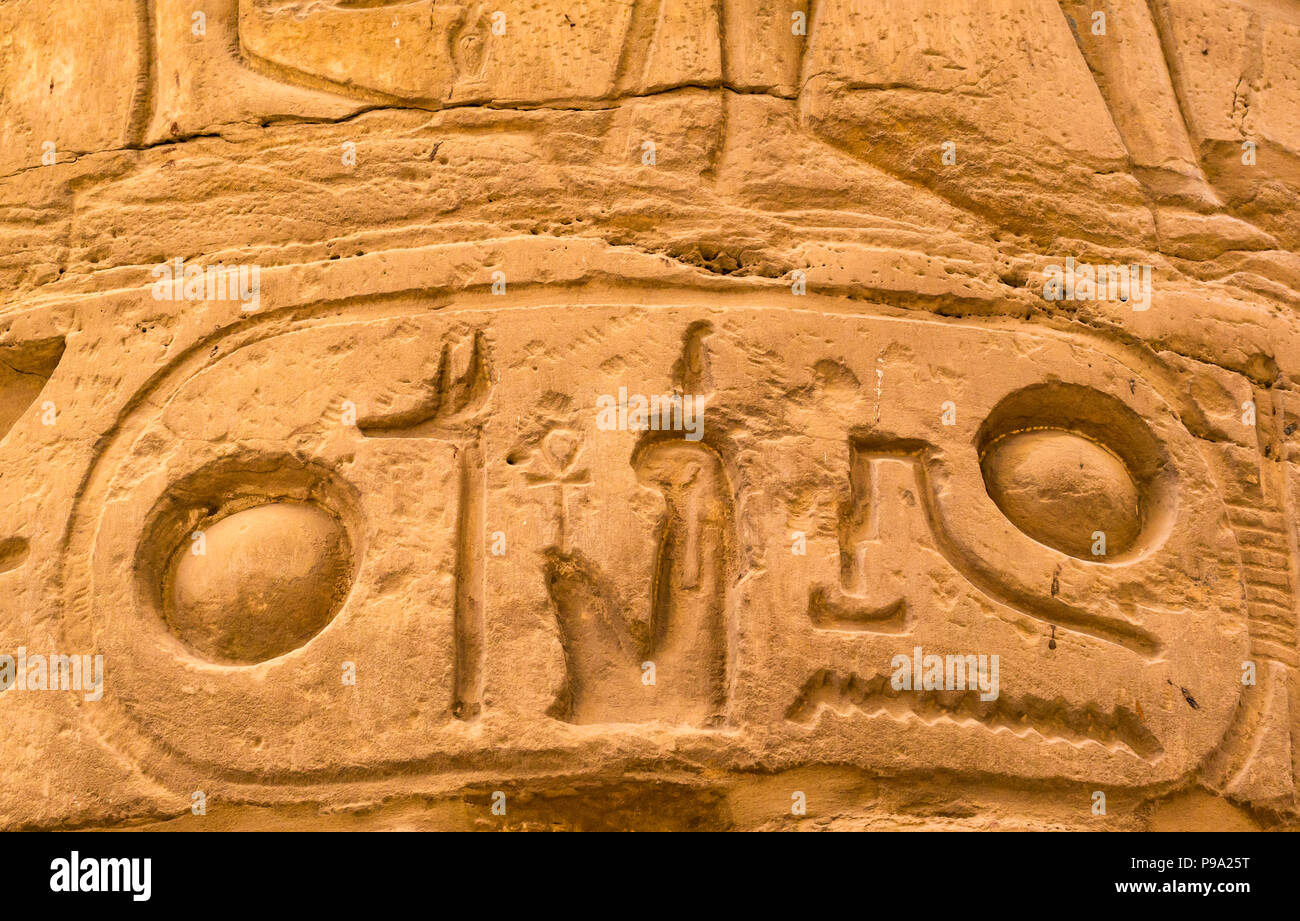 Cartouche hieroglyph detail on columns, great hypostyle hall, precinct of Amun Ra, Karnak Temple. Luxor, Egypt, Africa Stock Photo