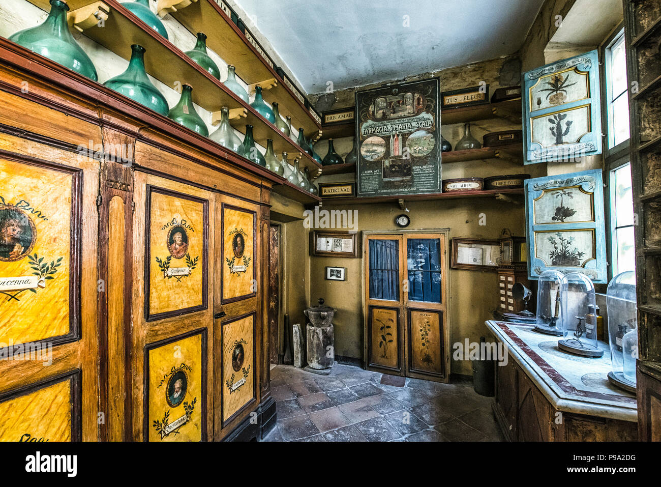 The back room of the main hall of the old Pharmacy and Apothecary 'Farmacia di S. Maria della Scala' in Piazza della Scala in Trastevere quarter, Rome, Italy Stock Photo