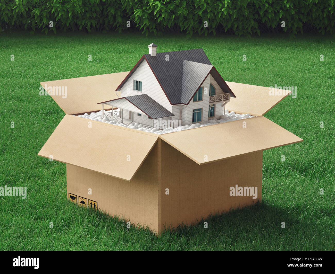 New home in a box, green house, environment, 3d render illustration