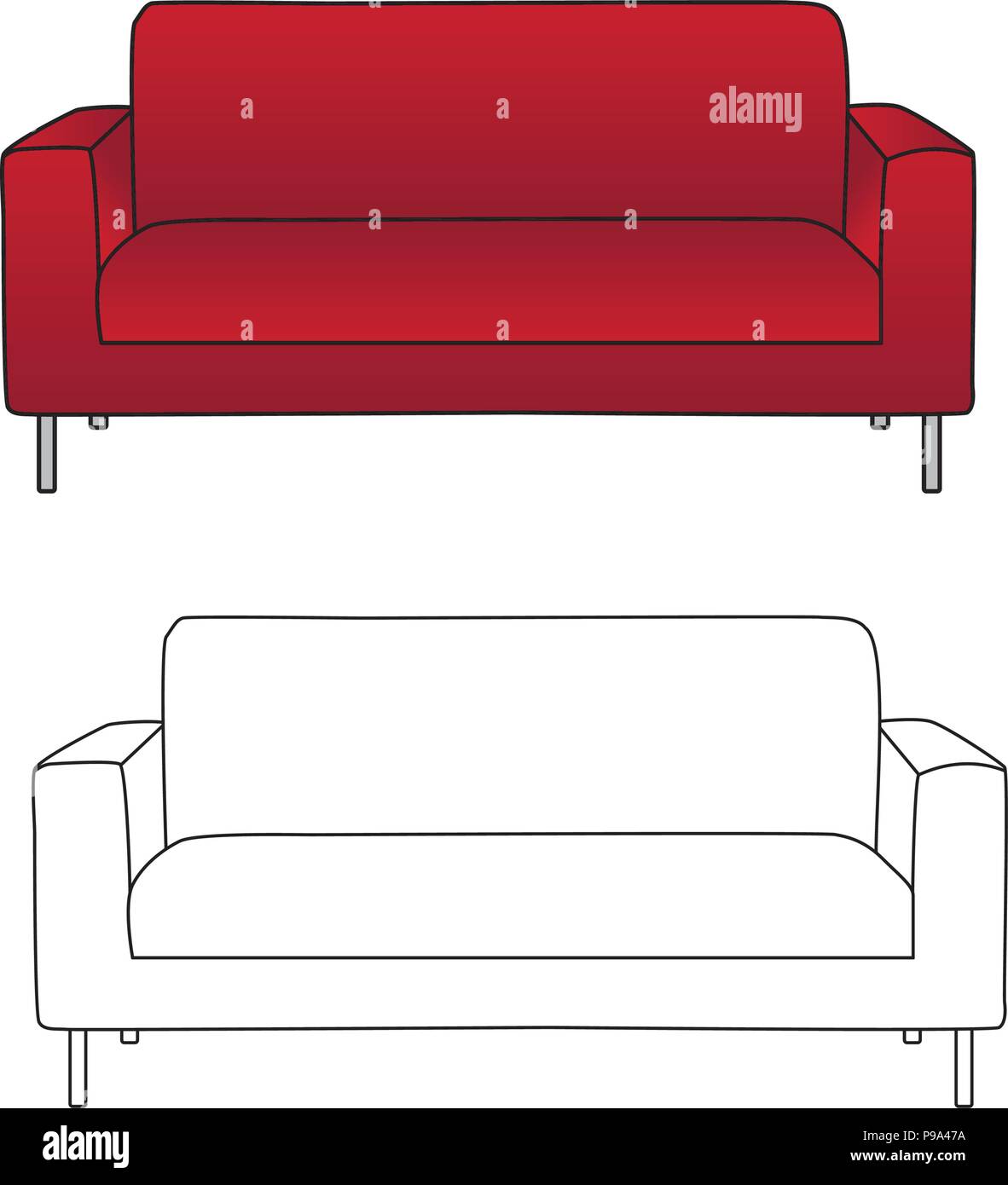 Red Sofa and Outline isolated on White Background. Vector Illustration. Stock Vector