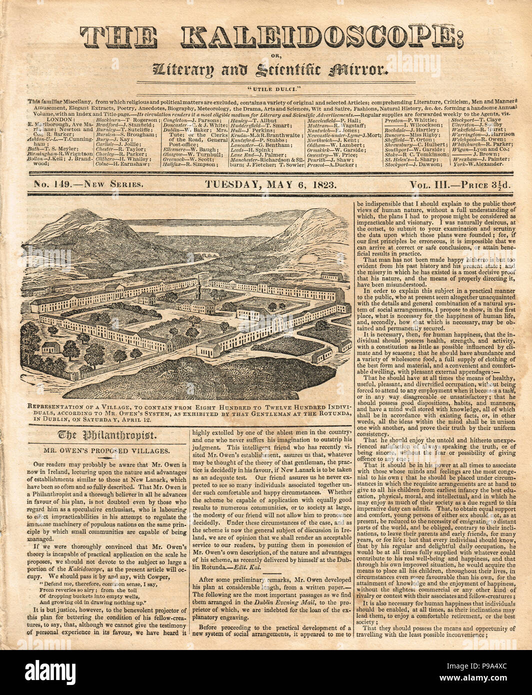 The front page of The Kaleidoscope, or literary and Scientific Mirror, 6 May 1823, reporting on Robert Owen's visit to Ireland where he outlined plans for a model village in Ireland, at the Rotunda in Dublin on 12 April 1823. Stock Photo