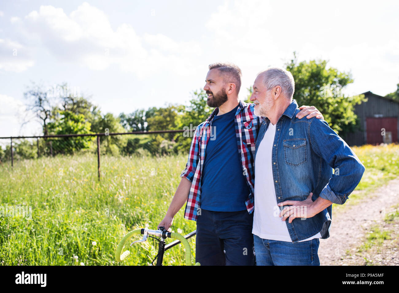 An adult hipster son with bicycle and senior father on a walk in sunny nature. Stock Photo