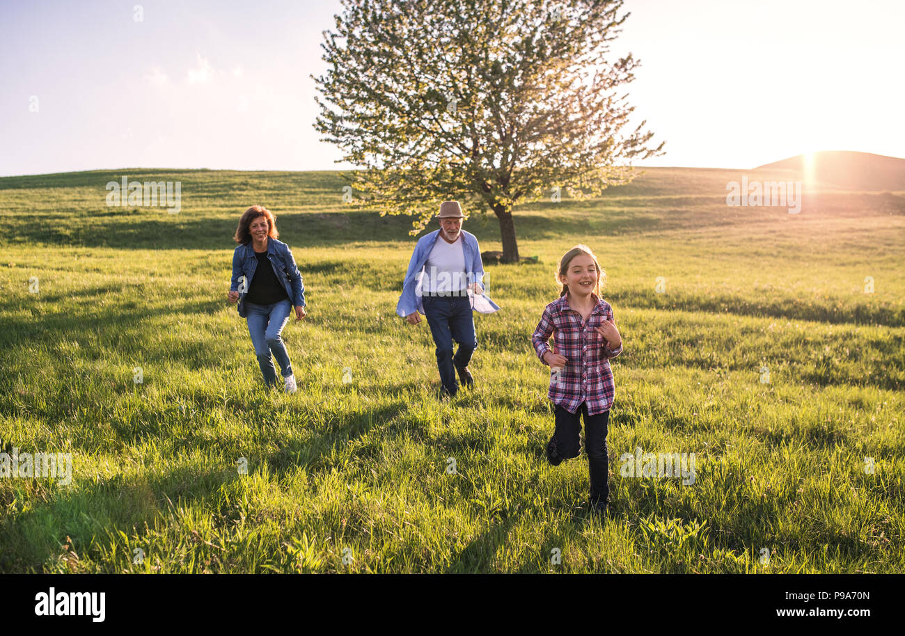 A small girl with her senior grandparents playing outside in nature. Stock Photo