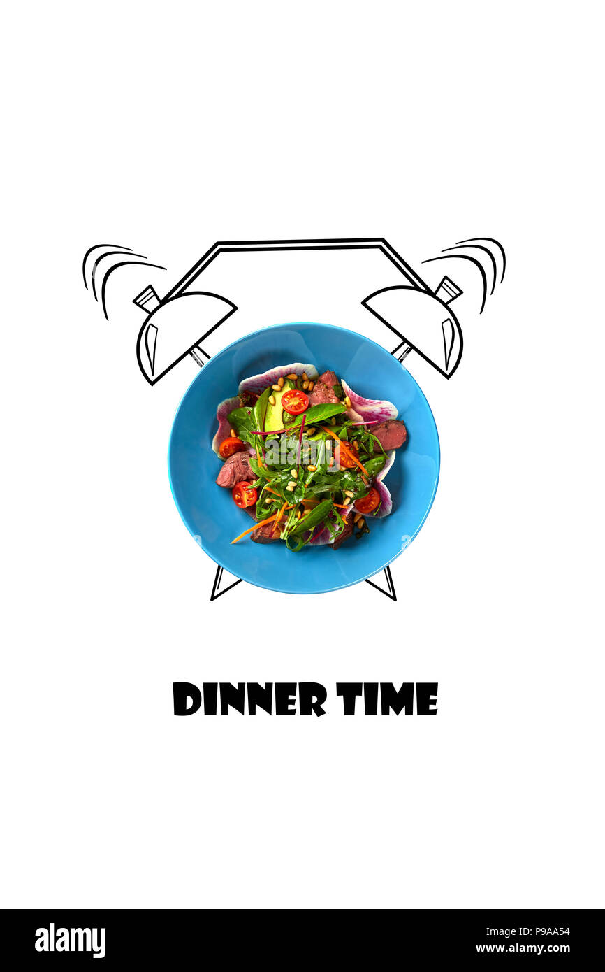 Salad on plate with alarm clock. Dinner time concept. Food illustration