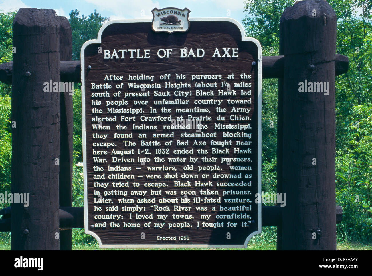 Black Hawk War, Battle of Bad Axe memorial marker, Wisconsin shore of