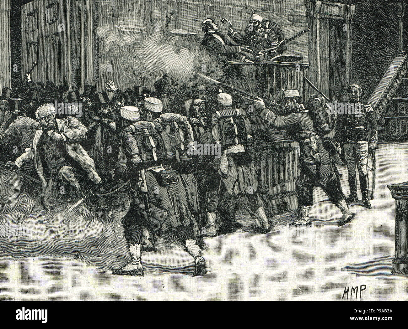 The coup d'etat of Pavia, Spain, 3 January 1874, headed by General Manuel Pavia , Captain General of Castilla la Nueva, dismissing the Cortes