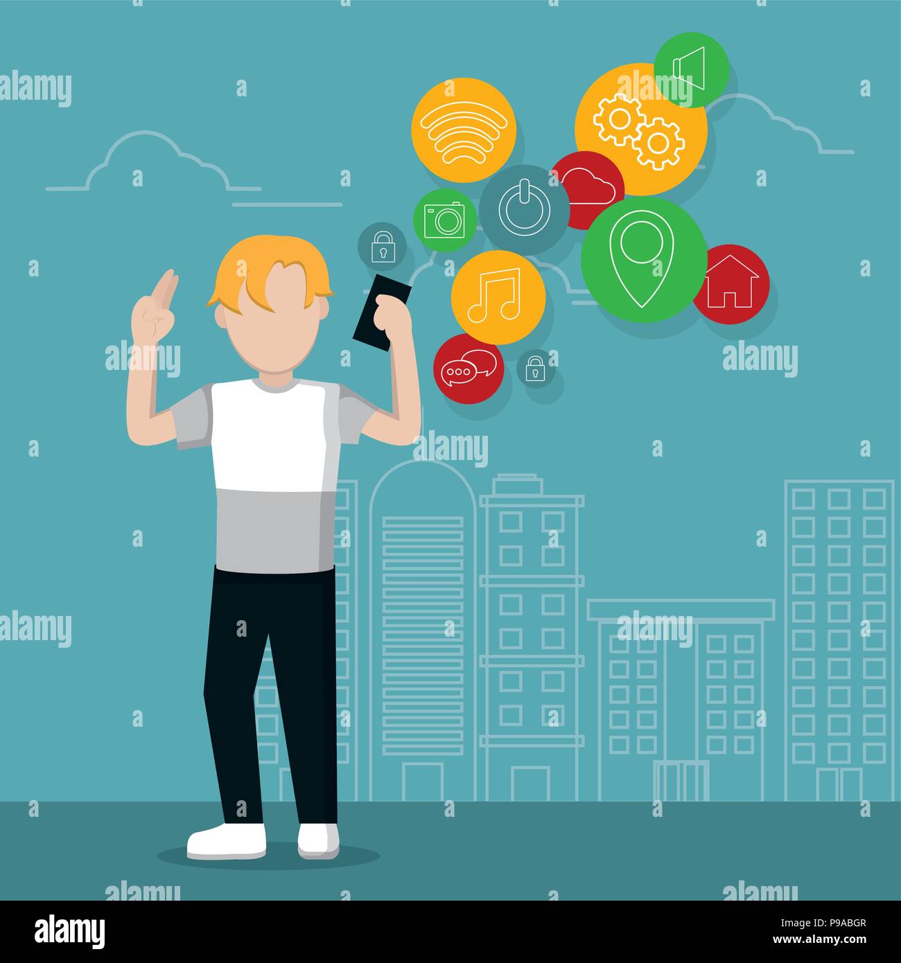 Young man and smartphone Stock Vector