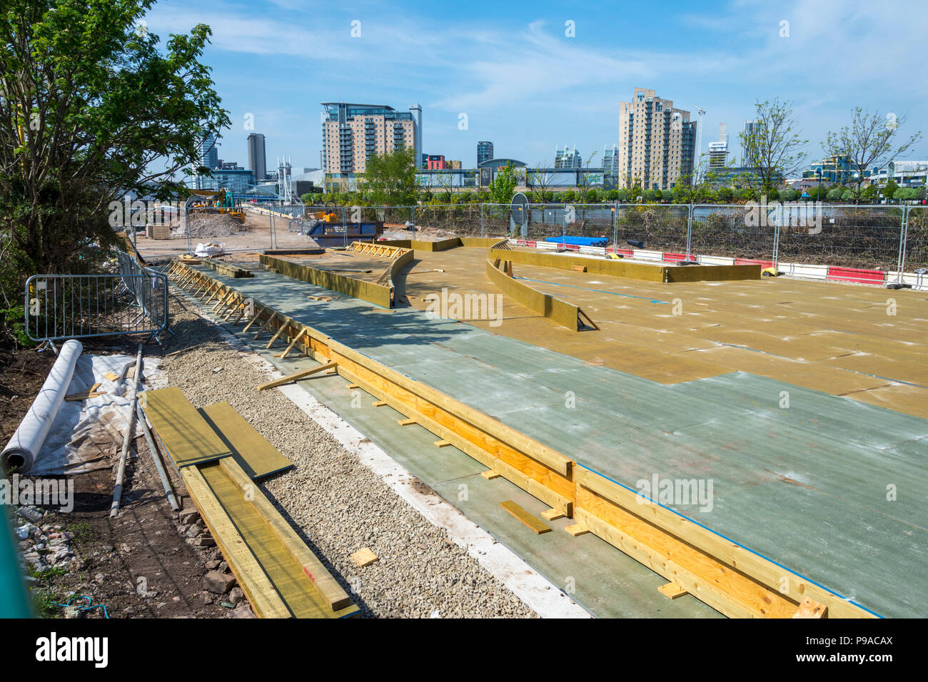 Timber concreting formwork for a set of points on the Metrolink Trafford Park tram line, under construction at Trafford Wharf, Manchester, England, UK Stock Photo