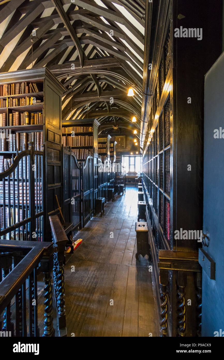 One of the bookshelf aisles at Chetham's Library, Manchester, England