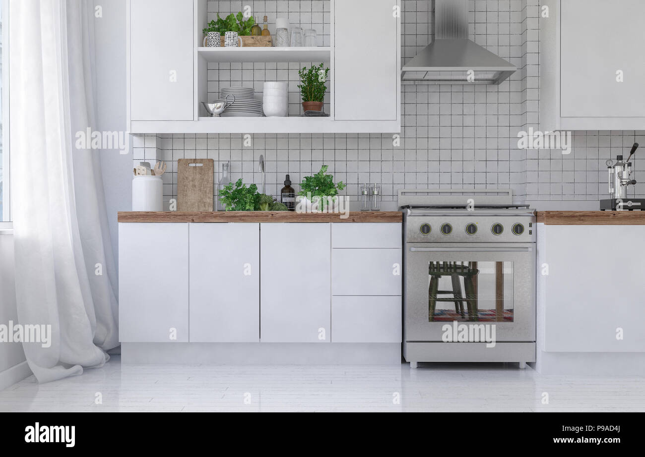 Empty White Kitchen With Metal Stove Top Oven Reflecting Chair