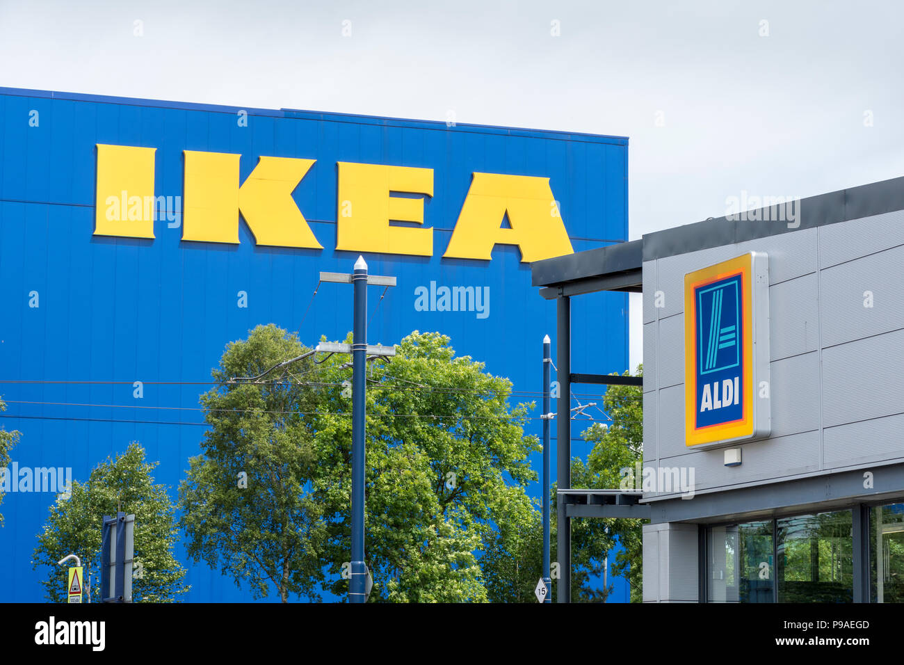 Signs on the Ikea and Aldi buildings, Ashton under Lyne, Tameside,  Manchester, England, UK Stock Photo - Alamy