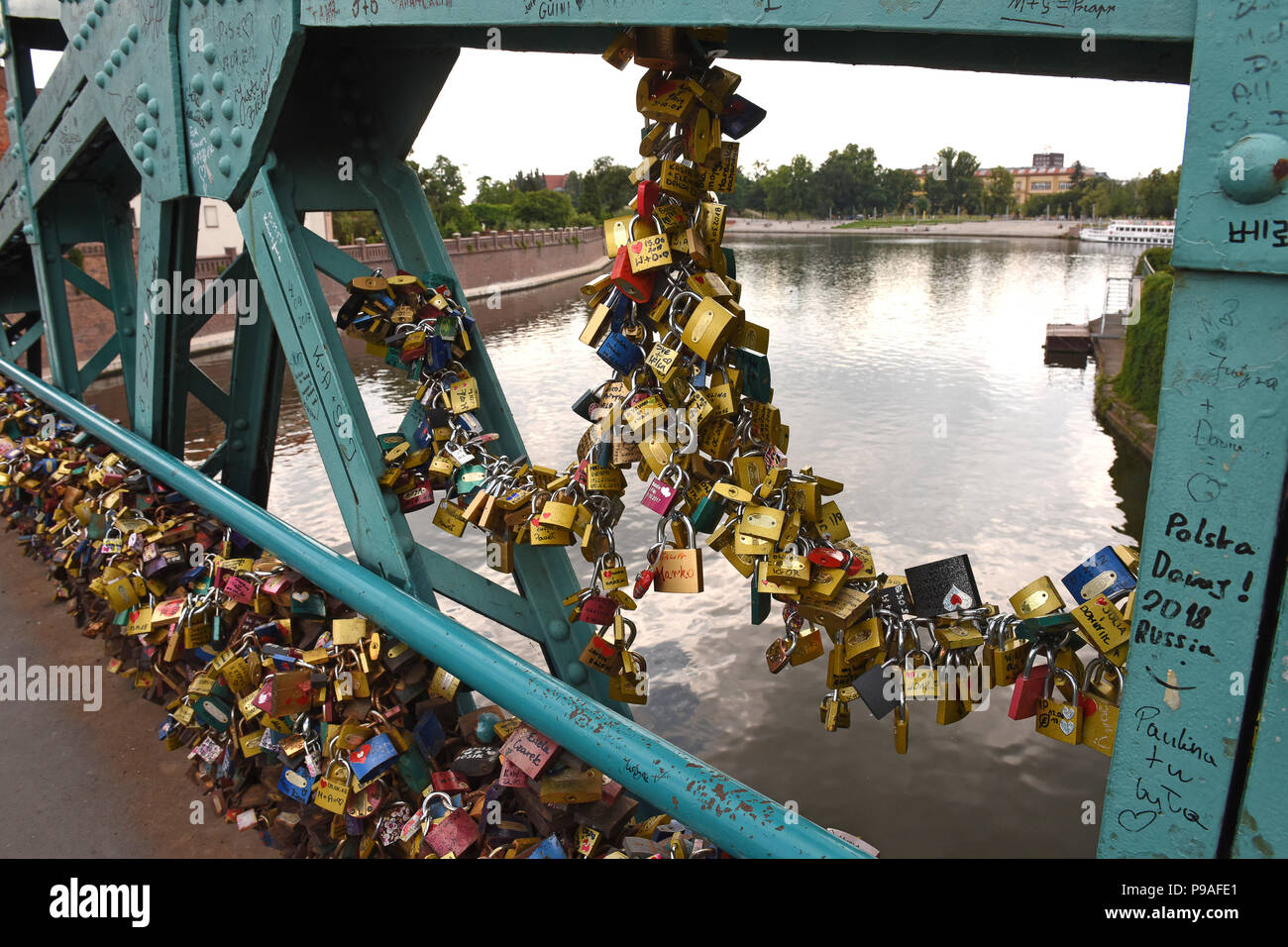 Love Locks padlocks on Tumski Bridge Wroclaw Wroclaw, Silesia, Poland, Europe Stock Photo