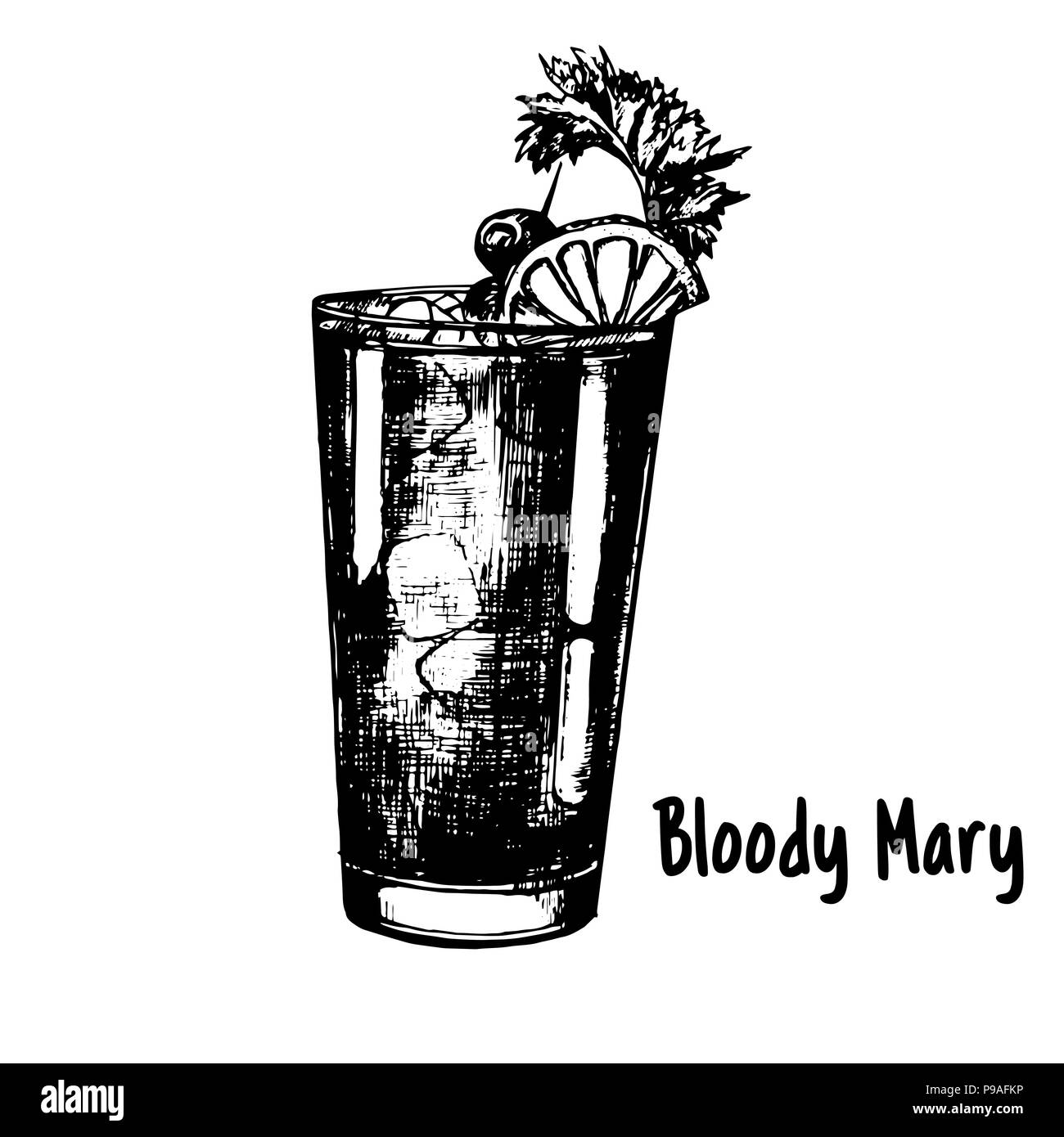 Hand drawn sketch style Bloody Mary cocktail isolated on white