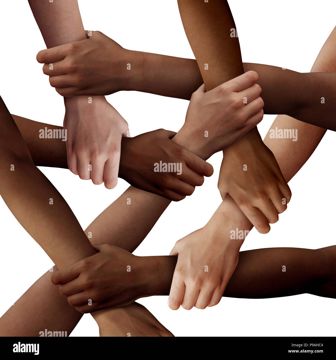 Diversity teamwork as a group of diverse people holding arms as a multiracial society and multicultural community joined  and united as a strong toget Stock Photo