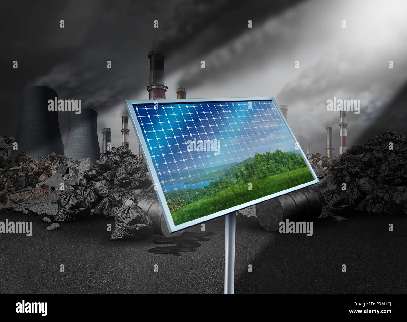 Solar panel cell reflecting gree nature as an alternative source of sun energy power grid against a polluted toxic background as a sunlight fuel as a  Stock Photo