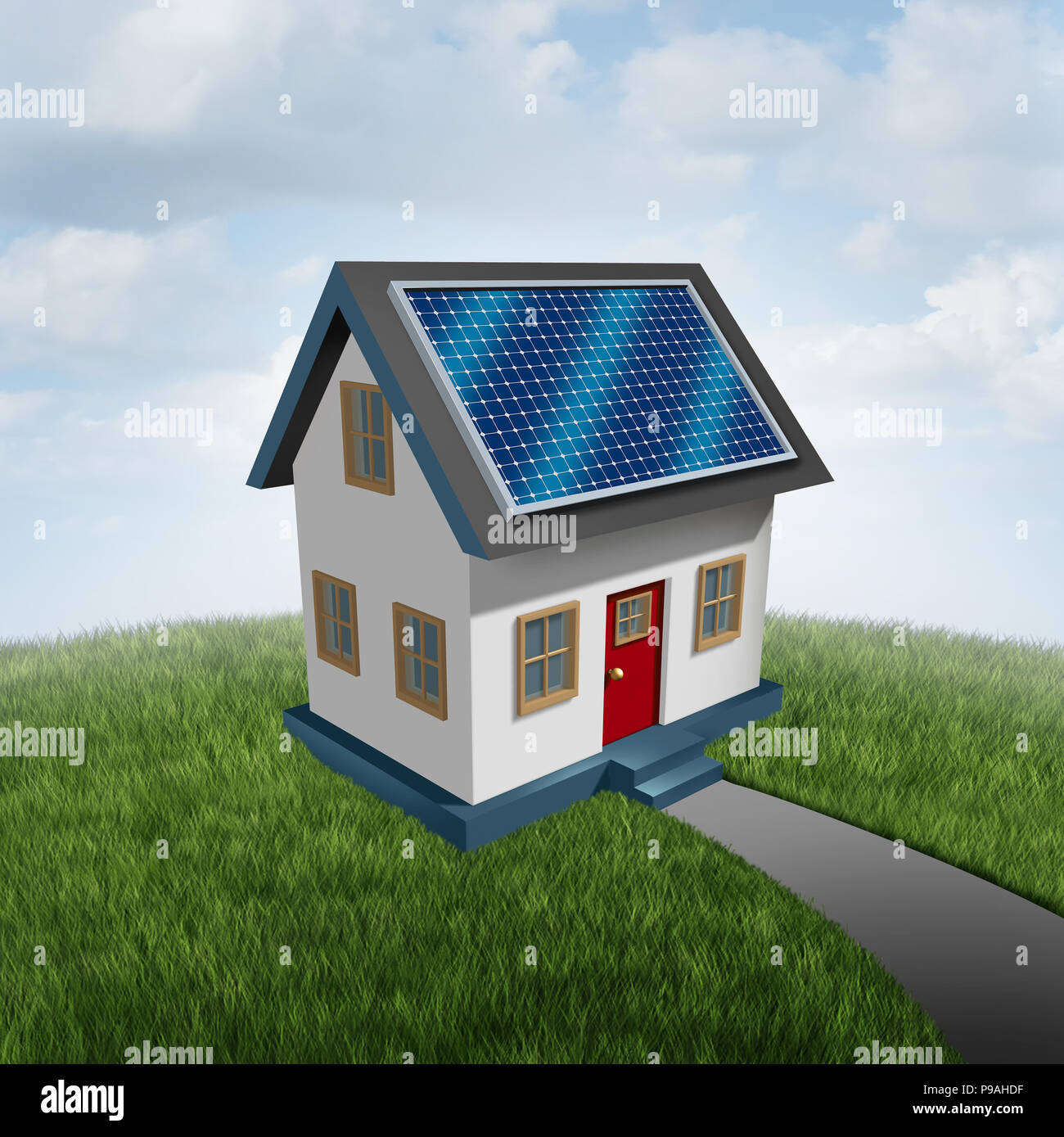 Solar cell on a roof as an alternative source of sun energy power grid instalation on the top of a house as a sunlight fuel as a 3D render. Stock Photo