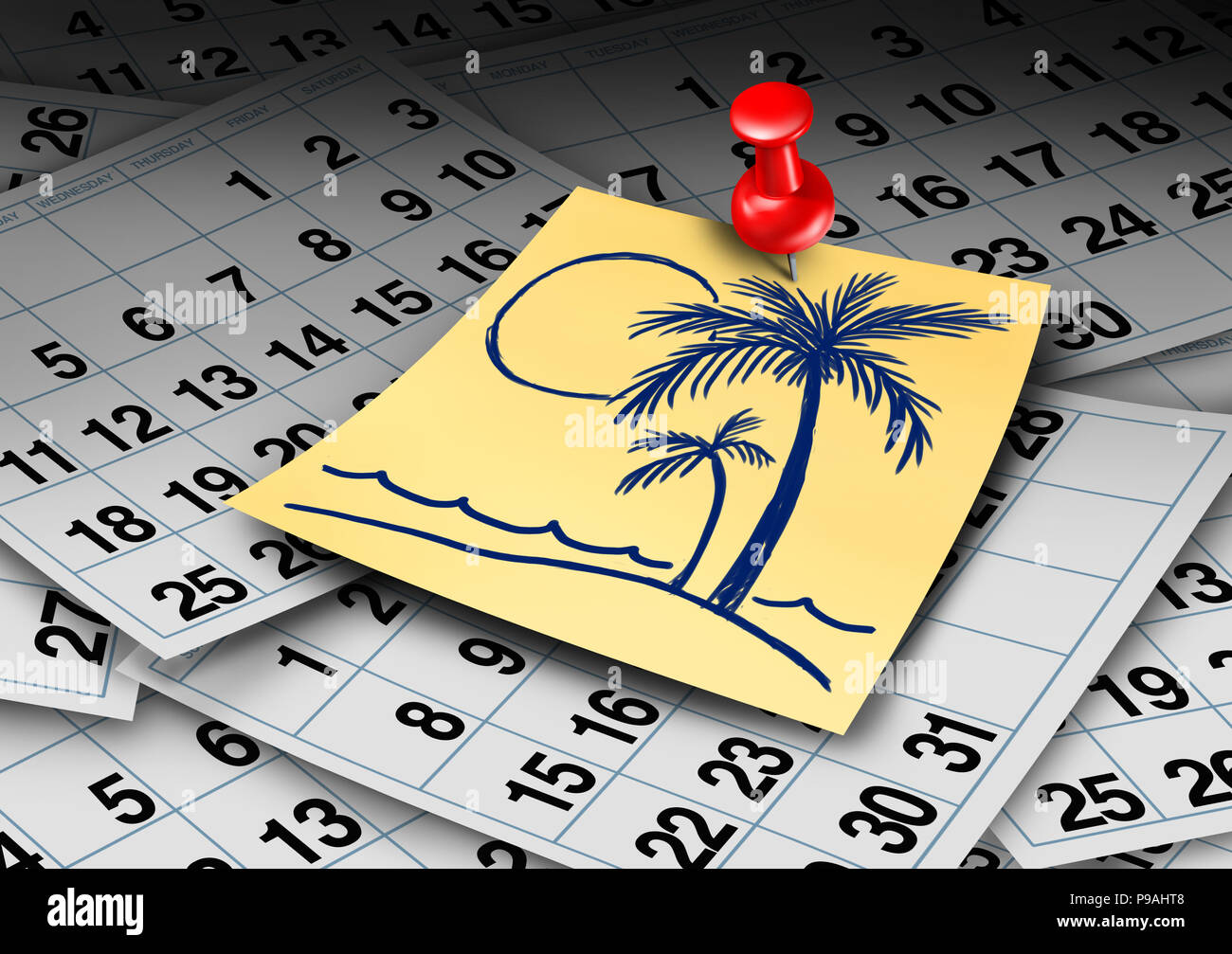 Vacation time calendar and beach holiday or annual leave and work break concept. Stock Photo