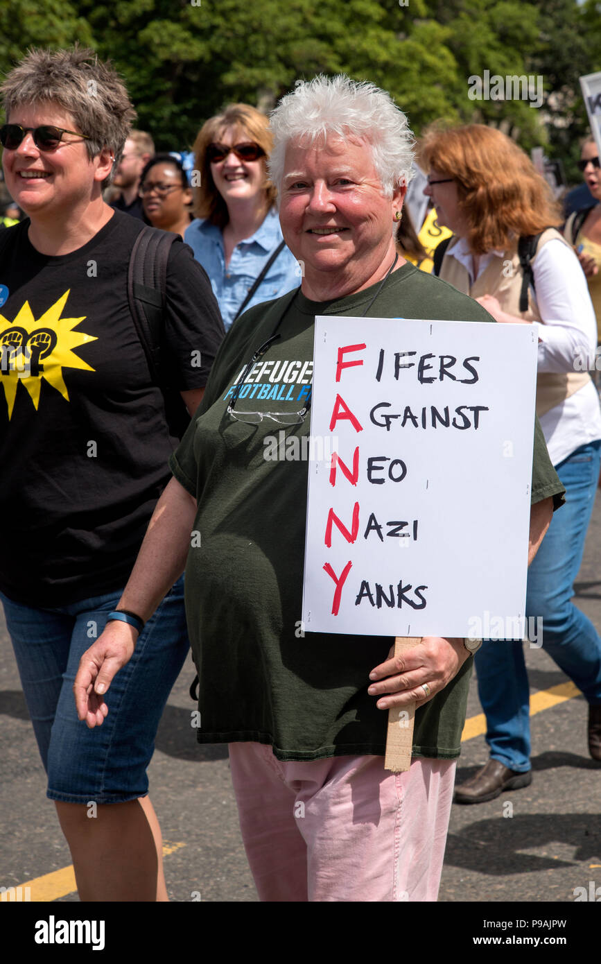 Author Val McDermid in Edinburgh protesting against the visit of Donald Trump to the UK, 14th July 2018. Stock Photo