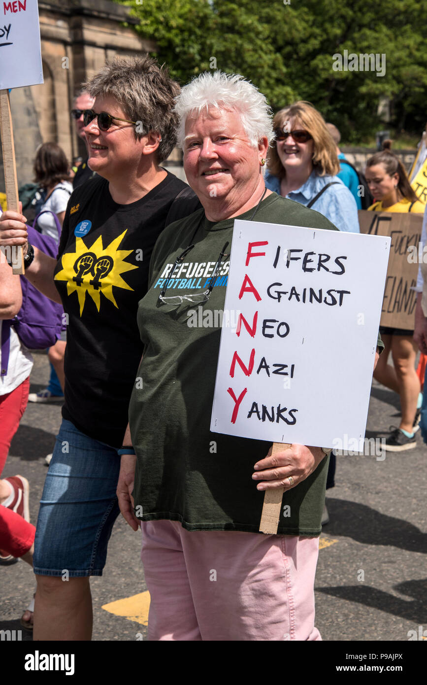 Author Val McDermid in Edinburgh protesting against the visit of Donald Trump to the UK, 14th July 2018. Stock Photo