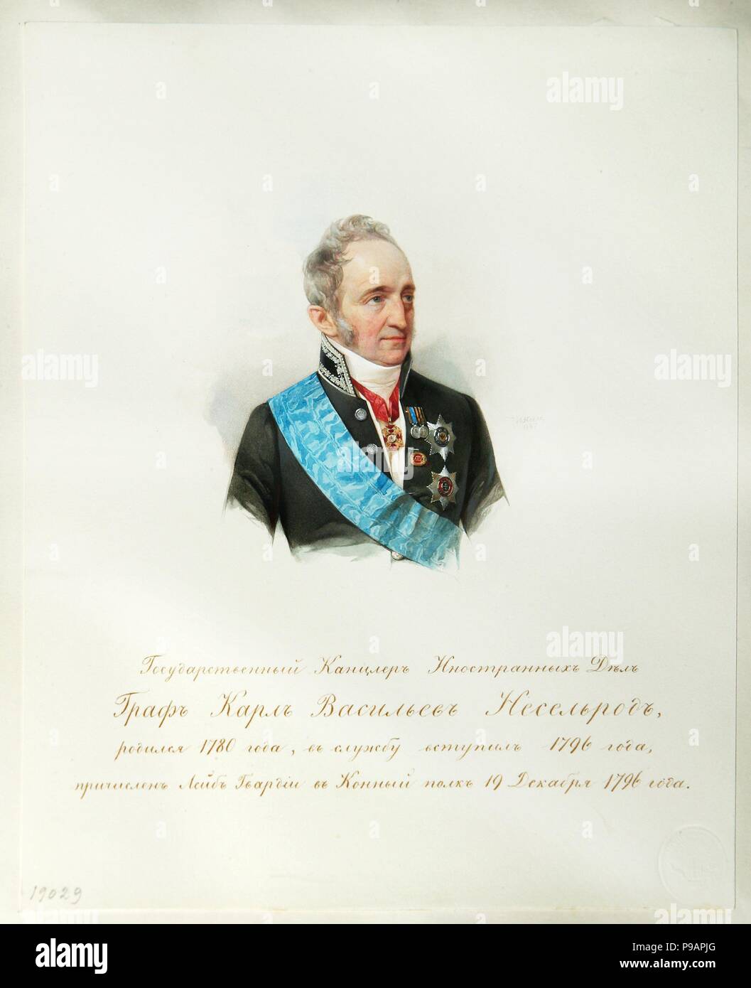 Portrait of the Chancellor of the Russian Empire Count Karl Robert Nesselrode (1780-1862) (From the Album of the Imperial Horse. Museum: Institut of Russian Literature IRLI (Pushkin-House), St Petersburg. Stock Photo