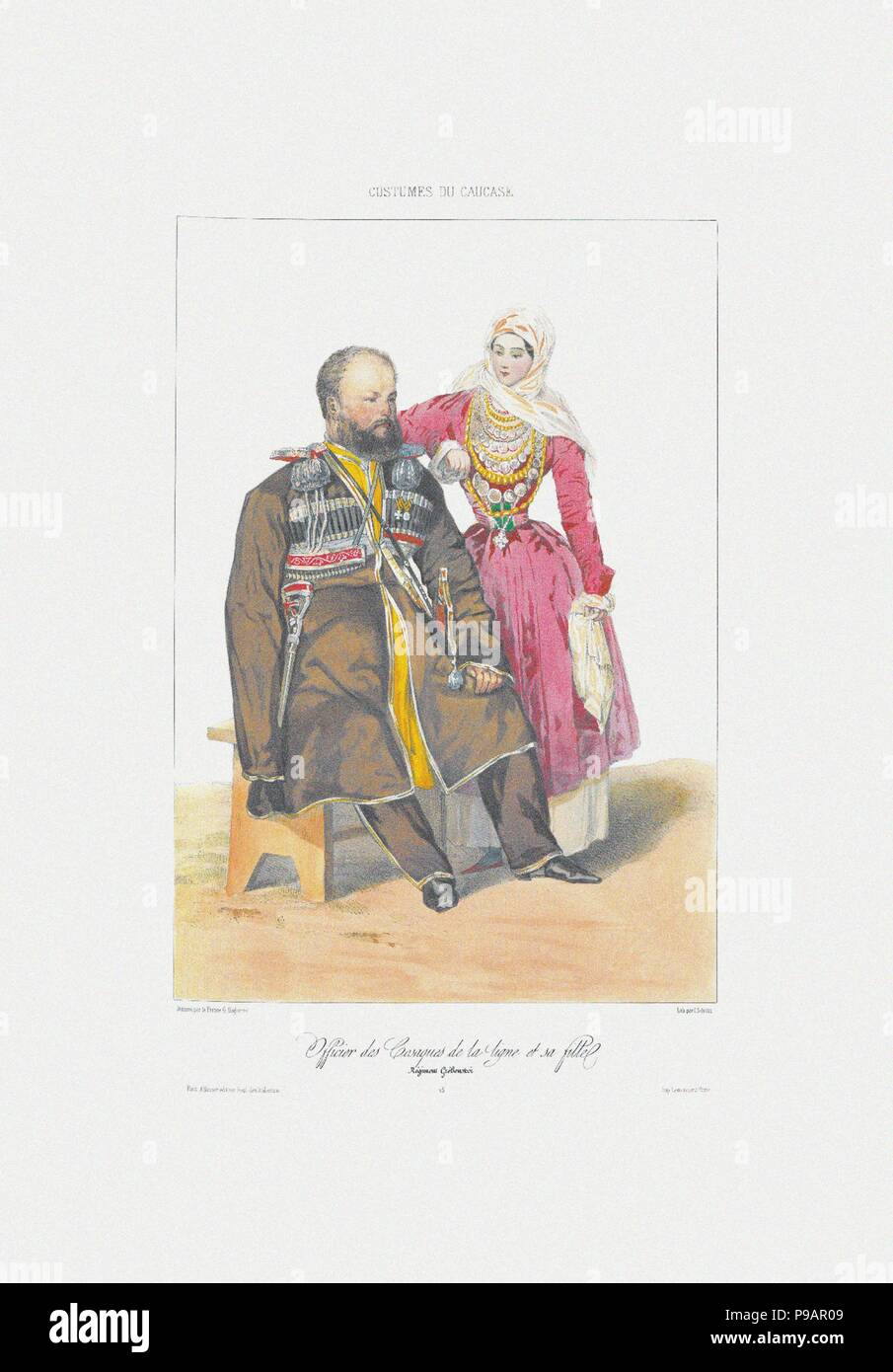 Terek Cossack with Daughter (From: Scenes, paysages, meurs et costumes du Caucase). Museum: Russian State Library, Moscow. Stock Photo