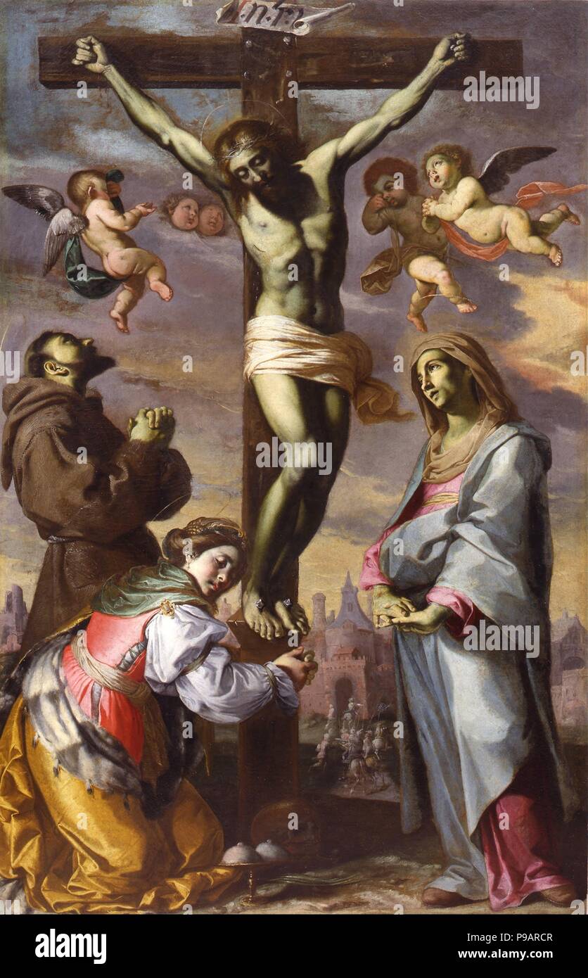 The Crucifixion with the Virgin and Saints Francis and Agatha. Museum: Museo Civico Archeologico e d'Arte Sacra Palazzo Corboli Asciano. Stock Photo