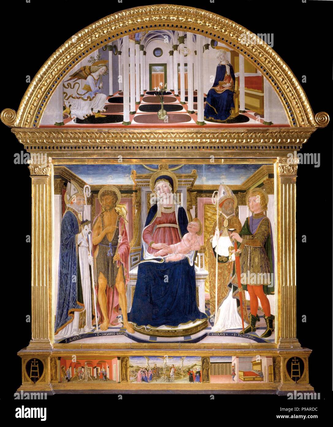 Madonna with Child and Saints Blaise, John the Baptist, Nicholas and Florian. The Annunciation. Museum: Museo Diocesano di Pienza. Stock Photo