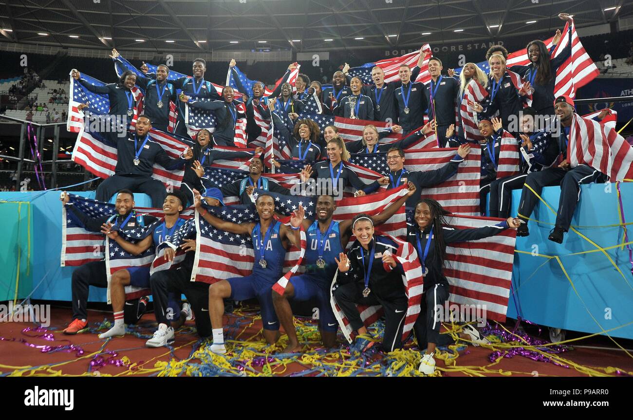 London, UK. 15th July 2018. The USA team celebrate after being presented with the trophy which is claimed to be the most expensive in the sporting world. Day 2. Athletics World Cup. London Olympic Stadium. Stratford. London. OK. 15/07/2018. Credit: Sport In Pictures/Alamy Live News Stock Photo