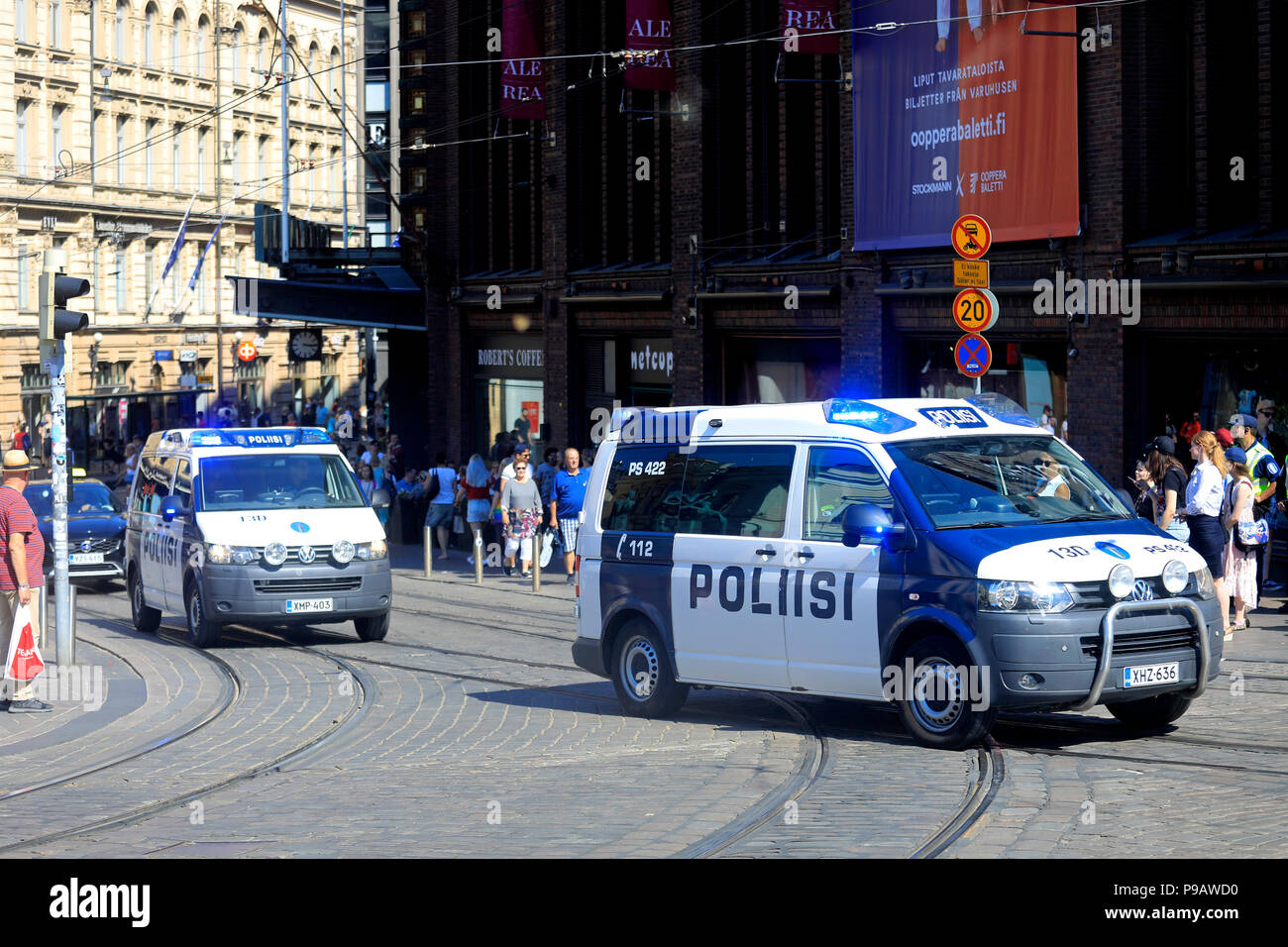 Helsinki, Finland. July 16, 2018. Police officers and vehicles in central Helsinki on the day of the US and Russian Presidents' historic Helsinki2018 meeting. Credit: Taina Sohlman/Alamy Live News Stock Photo