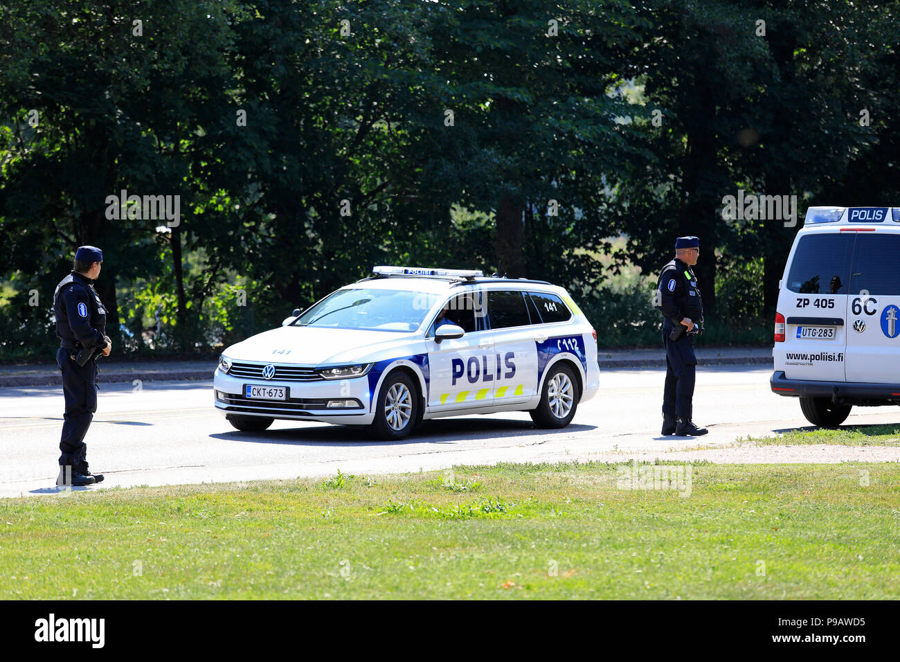 Helsinki, Finland. July 16, 2018. Police officers and vehicles in Helsinki on the day of the US and Russian Presidents' historic Helsinki2018 meeting. Credit: Taina Sohlman/Alamy Live News Stock Photo