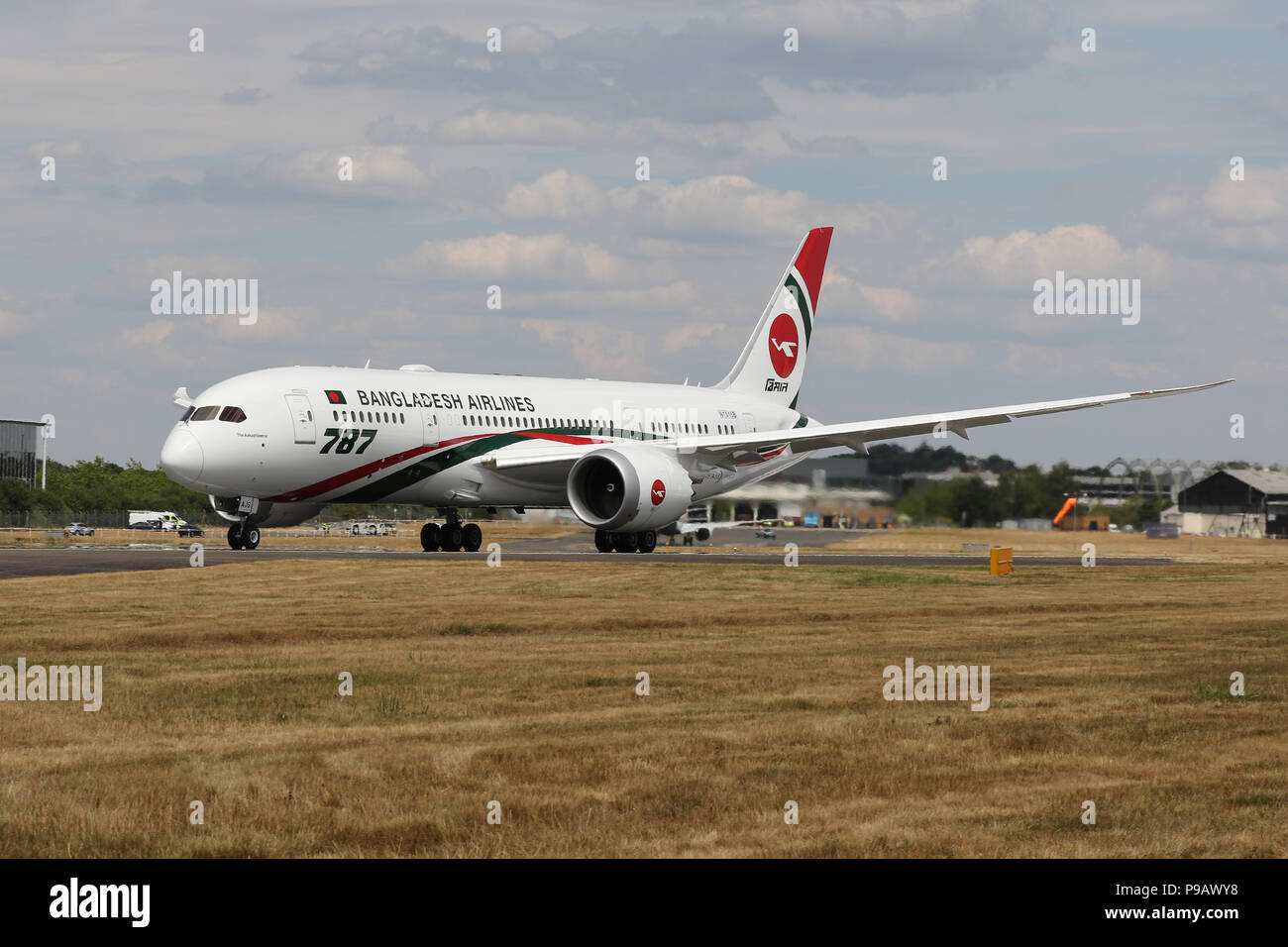 Farnborough, UK. 16th July 2018. A Boeing 787-800 of Bangladesh Airlines Biman takes off to perform its display on the opening day of the 2018 Farnborough International Airshow, one of the biggest aviation trade and industry events in the world, held in the UK. Credit: James Hancock/Alamy Live News Stock Photo