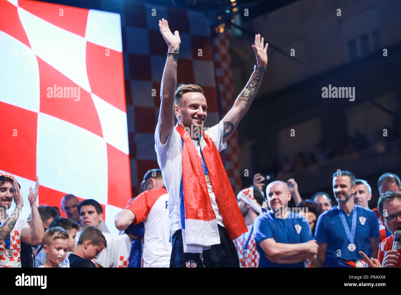 Zagreb, Croatia. 16th July, 2018. Welcome ceremony of Croatian football national team that won 2nd place, silver medal on Fifa World Cup 2018 on Ban Jelacic Square in Zagreb, Croatia. Ivan Rakitic on the stage. Credit: Goran Jakuš/Alamy Live News Stock Photo