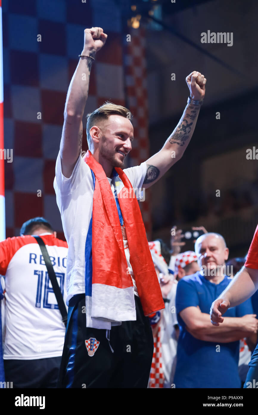 Zagreb, Croatia. 16th July, 2018. Welcome ceremony of Croatian football national team that won 2nd place, silver medal on Fifa World Cup 2018 on Ban Jelacic Square in Zagreb, Croatia. Ivan Rakitic on the stage. Credit: Goran Jakuš/Alamy Live News Stock Photo