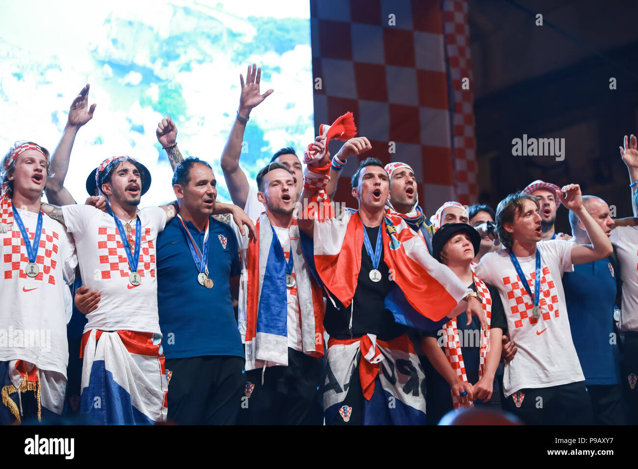 Zagreb, Croatia. 16th July, 2018. Welcome ceremony of Croatian football national team that won 2nd place, silver medal on Fifa World Cup 2018 on Ban Jelacic Square in Zagreb, Croatia. Croatian football national team celebrating on the stage. Credit: Goran Jakuš/Alamy Live News Stock Photo