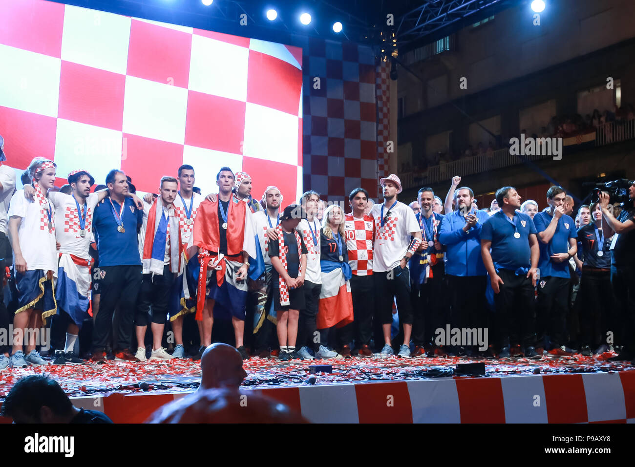 Zagreb, Croatia. 16th July, 2018. Welcome ceremony of Croatian football national team that won 2nd place, silver medal on Fifa World Cup 2018 on Ban Jelacic Square in Zagreb, Croatia. Croatian football national team celebrating on the stage. Credit: Goran Jakuš/Alamy Live News Stock Photo