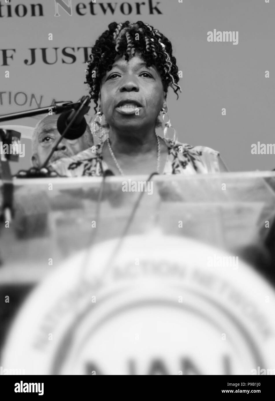 New York, NY, USA. 16th July, 2018. Gwen Carr, Mother of Eric Garner attends press conference announcing that the NYPD will process with disciplinary action against NYPD Officer Daniel Pantaleo by September in the absence of further action from the DOJ in Eric Garner's case held at the House of Justice on July 16, 2018 in the Harlem section of New York City. Credit: Mpi43/Media Punch/Alamy Live News Stock Photo