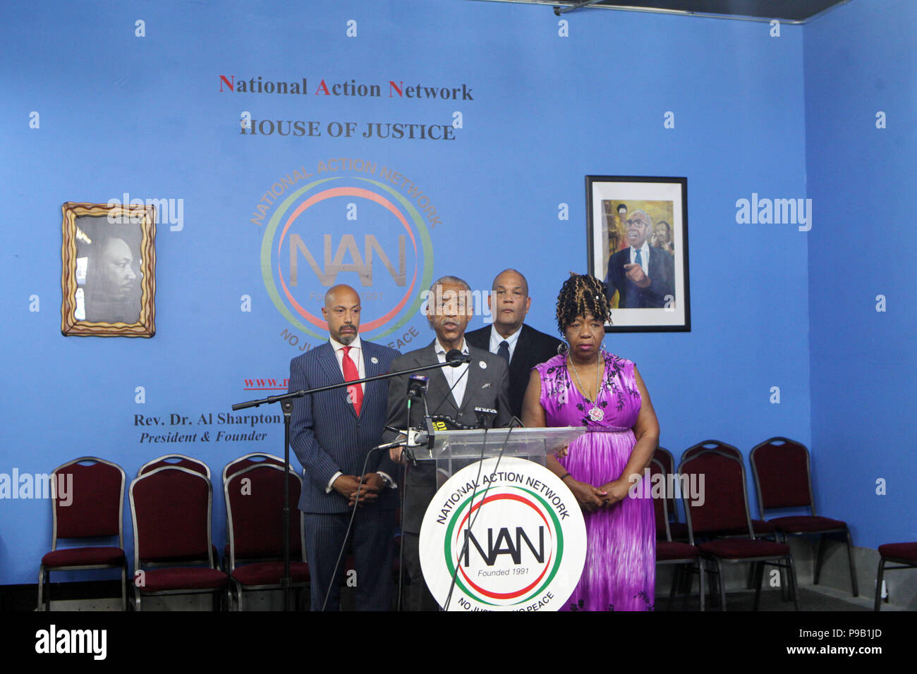 New York, USA. 16th July, 2018.  (L-R) Rev. Kirsten John Foy, Northeast Regional Director, National Action Network, Rev. Al Sharpton, Founder & President, National Action Network, Gwen Carr, Mother of Eric Garner and Attorney Michael Hardy, Co-Founder, National Action Network attend press conference announcing that the NYPD will process with disciplinary action against NYPD Officer Daniel Pantaleo by September in the absence of further action from the DOJ in Eric Garner's case held at the House of Justice in the Harlem section of New York City. Credit: MediaPunch Inc/Alamy Live News Stock Photo
